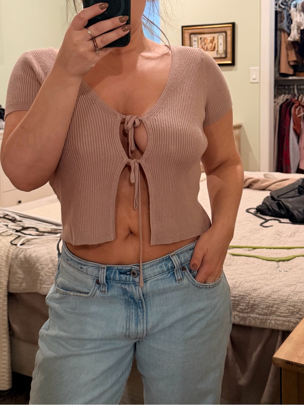 Abercrombie & Fitch Ribbed Tie-Front Crop Top - Dusty Rose